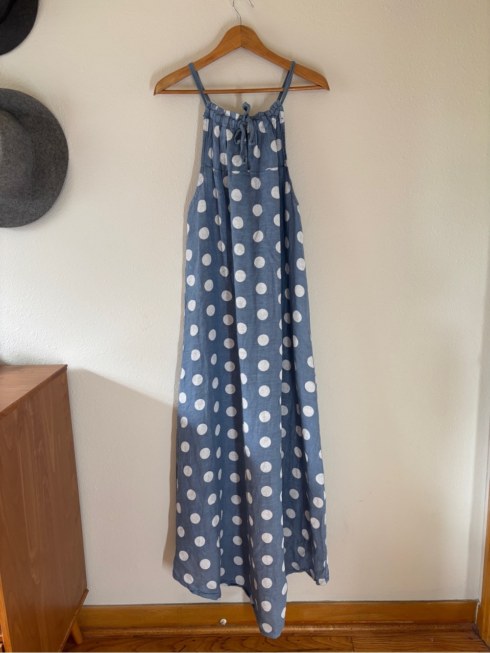 Made In Italy Linen Polka Dot Halter Maxi Dress O/S Blue Hi-Low Coastal Euro - Picture 7 of 10